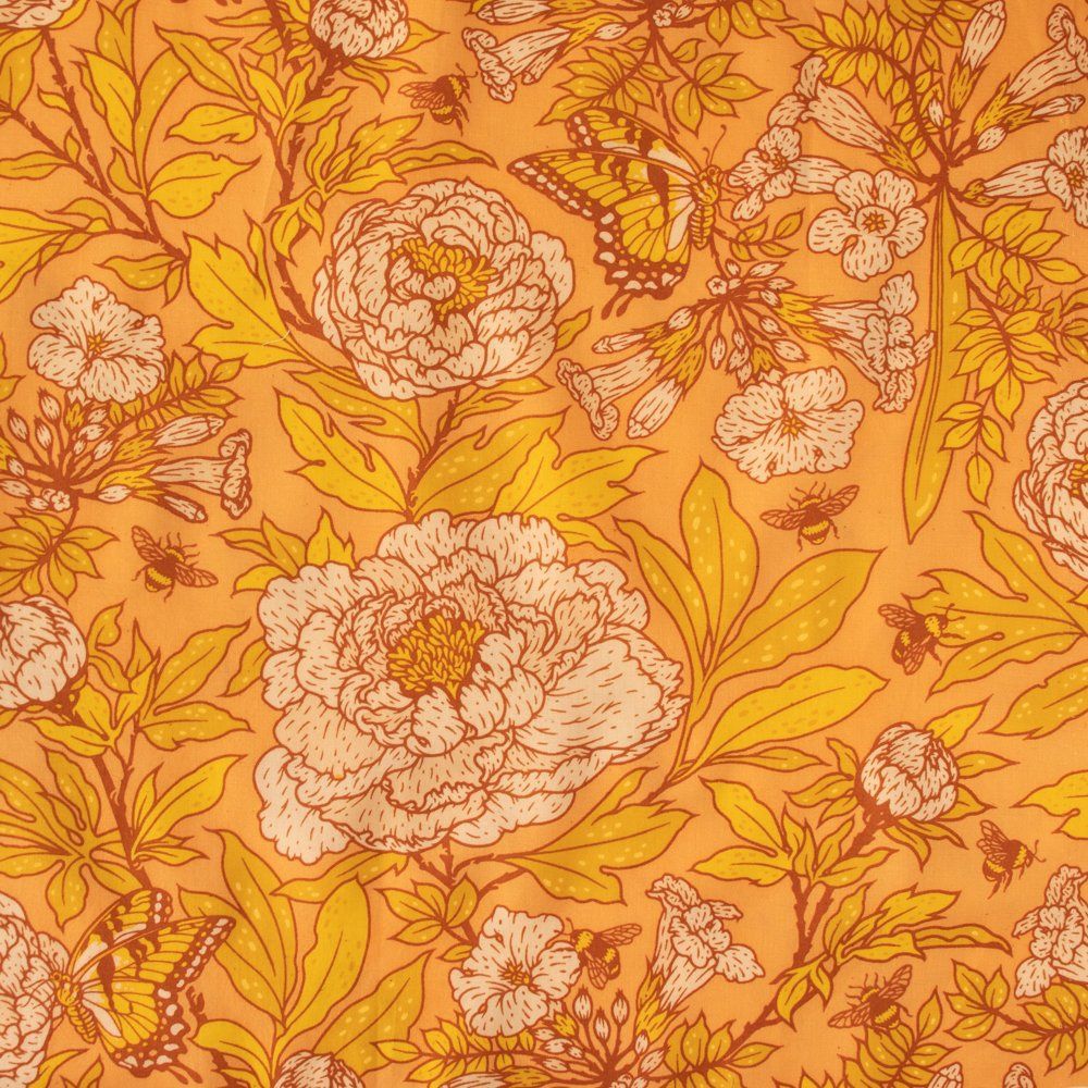 Bountiful by Mustard Beetle - Peach Peonies - Organic Cotton Lawn