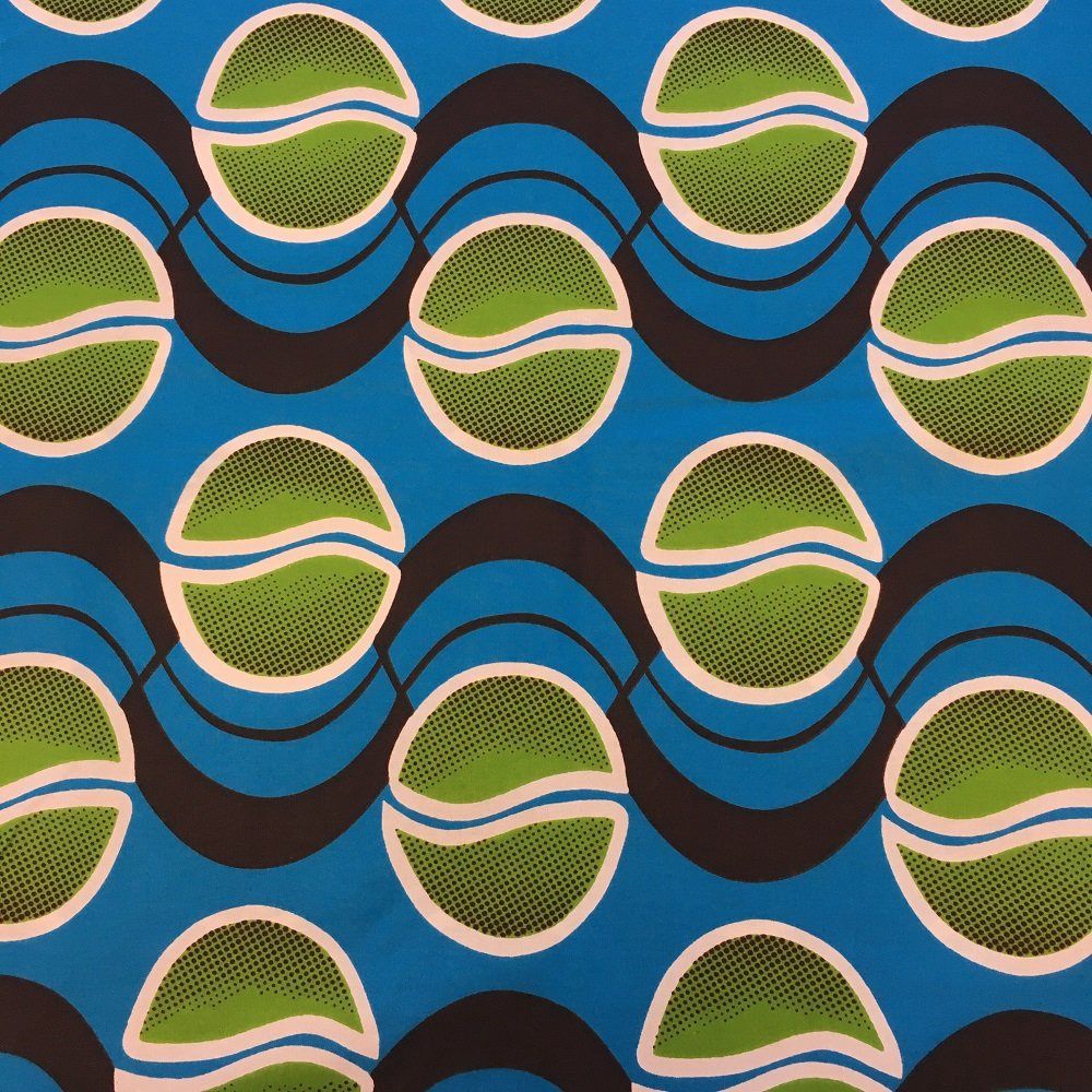African Wax Cotton Print - Green Disks on Blue