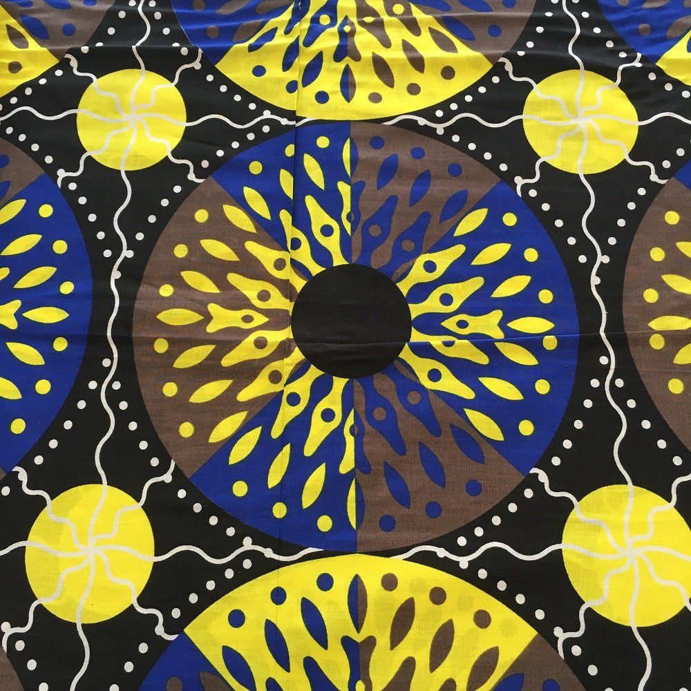 African Wax Printed Cotton: Blue / Yellow Medallions on Black