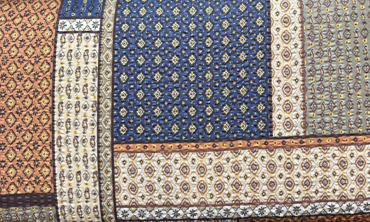 Faux Patchwork Print Blue and Orange  Cotton Seersucker  Hokkoh