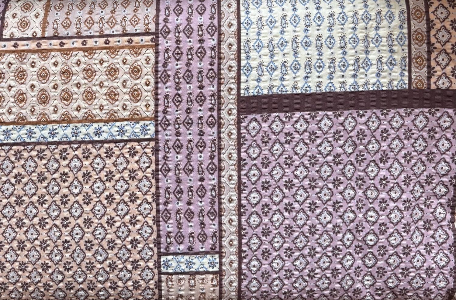 Faux Patchwork Print Pink and Purple  Cotton Seersucker  Hokkoh