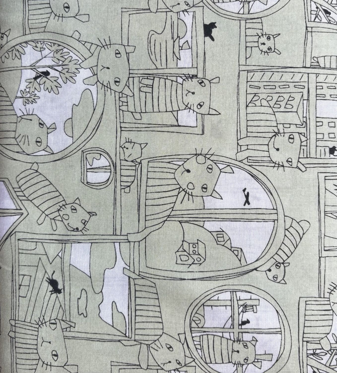 Cat Sketch Print Sage Cotton Lawn Hokkoh