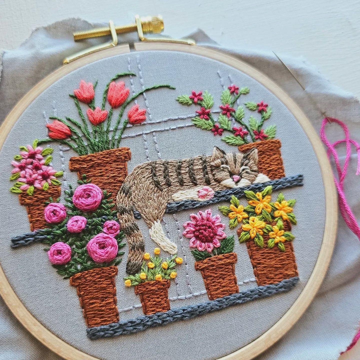 Catnap with Flowers Embroidery Kit Jessica Long Emboridery