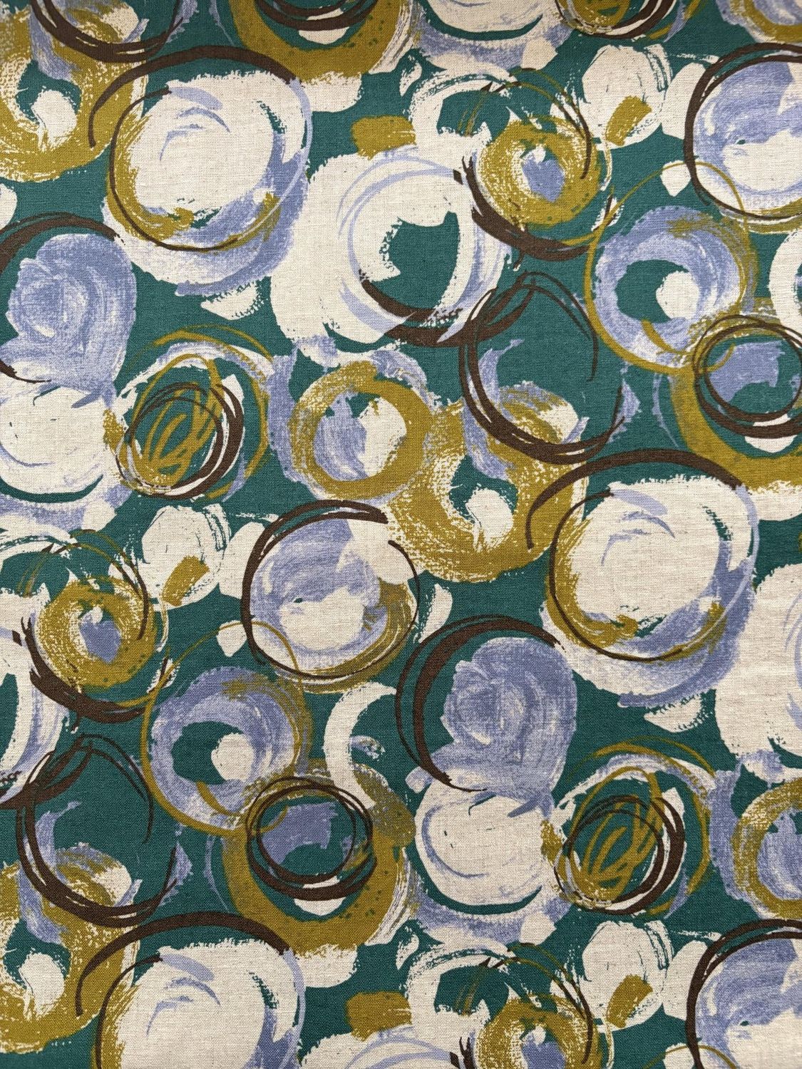 Circular Brushstrokes on Green Cotton Linen Sheeting Japanese Import Hokkoh