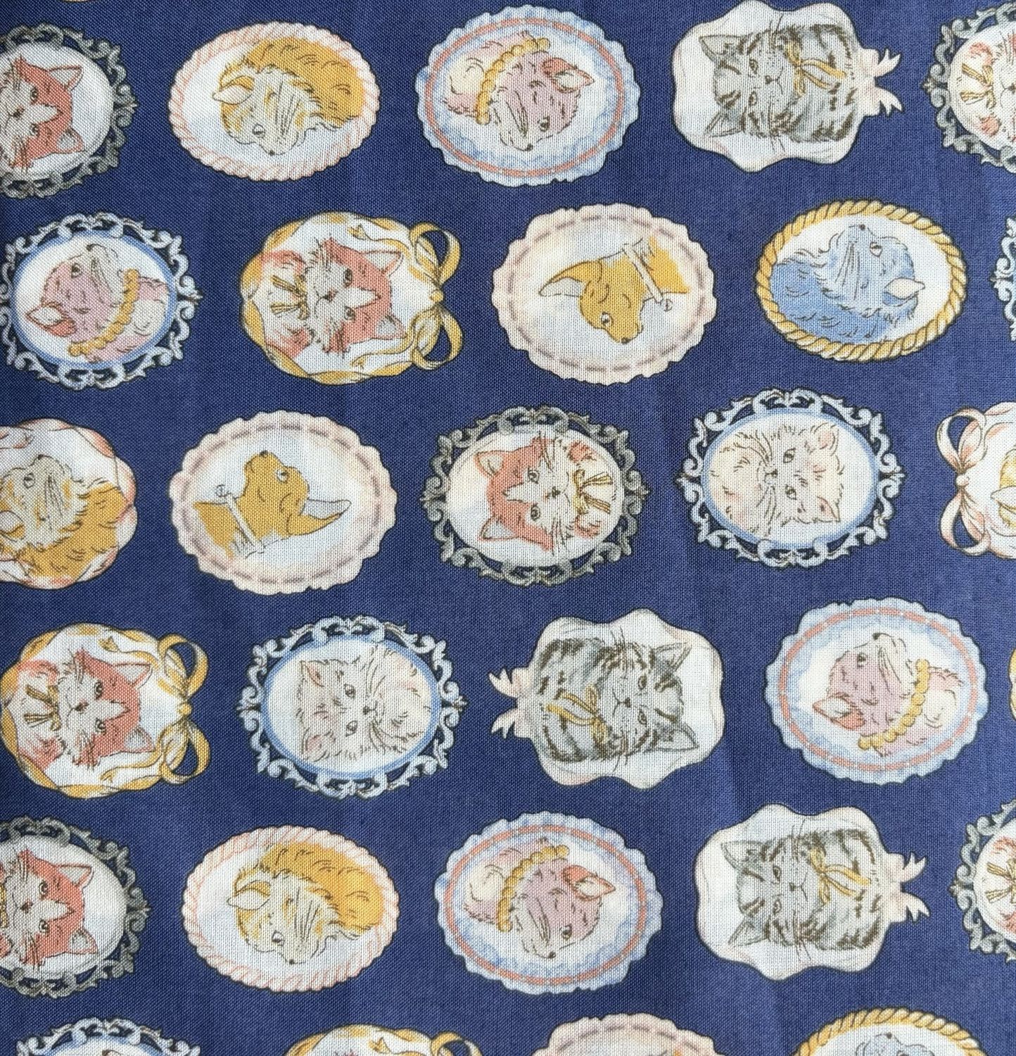 Cat Cameo Print Navy Cotton Lawn Hokkoh