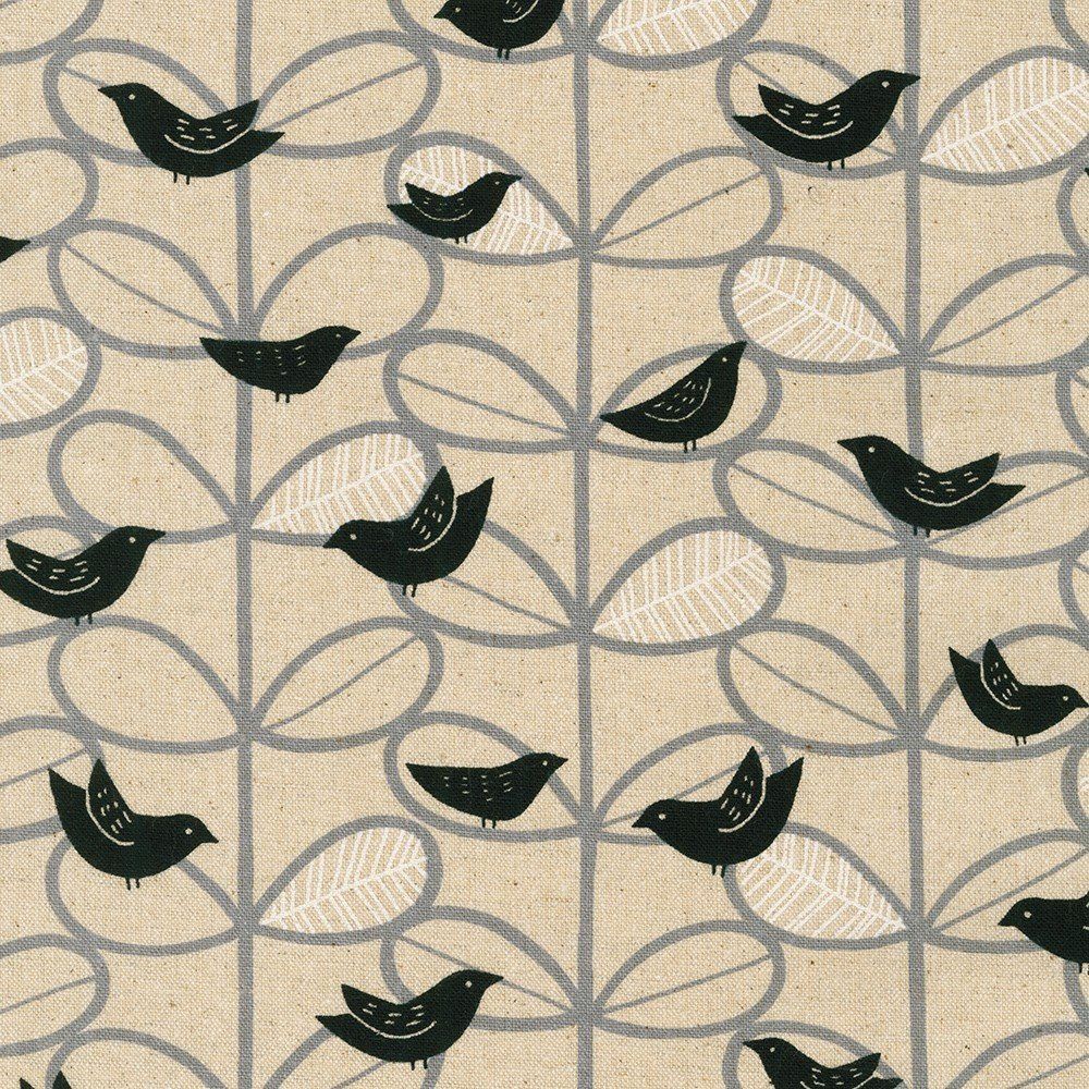 Cotton Flax Print - Black Birds on Natural