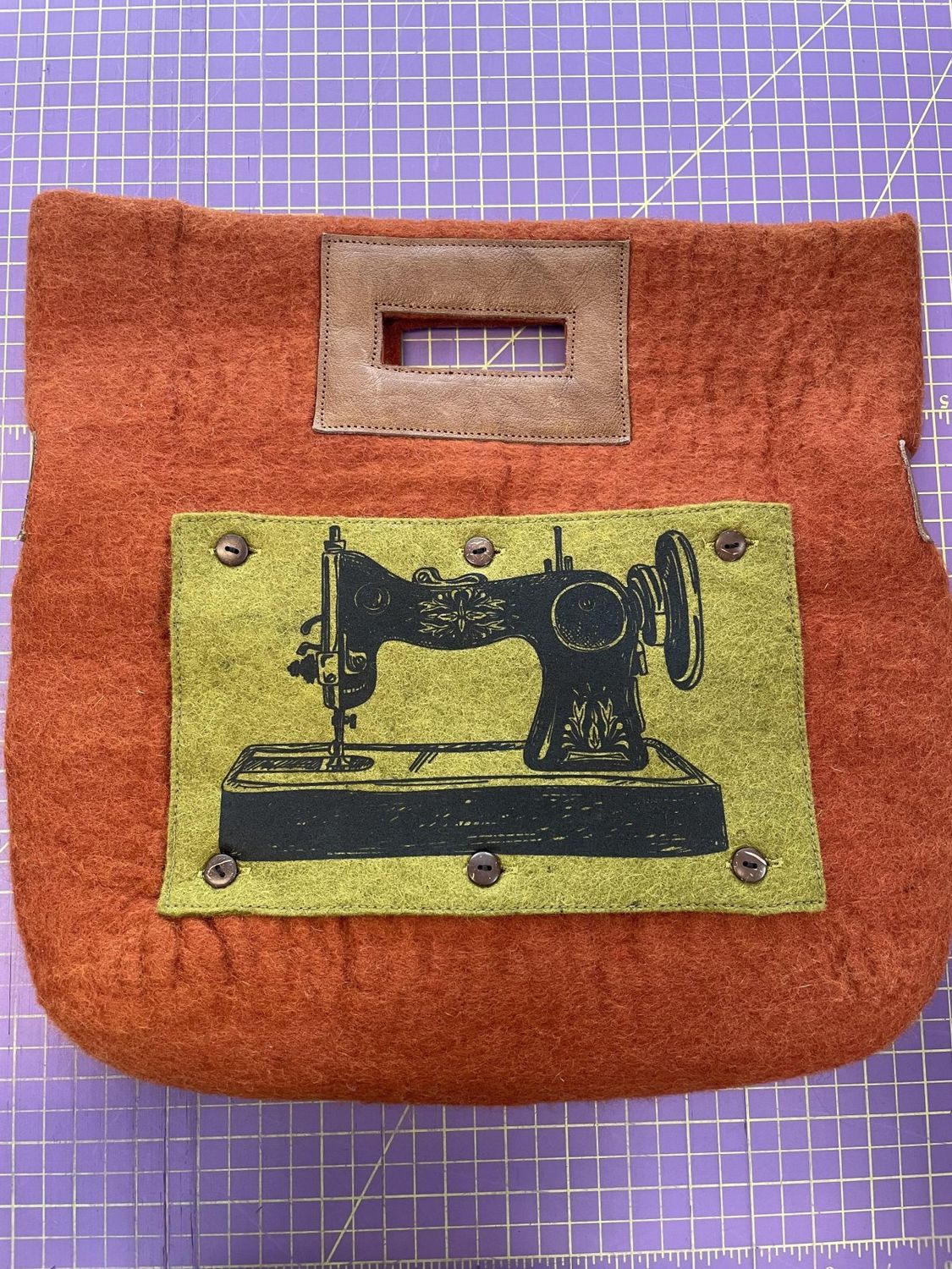 Felt and Leather Tote Bag (Assorted Designs) Fibers of Life, Design: Orange Bag / Green Sewing Machine