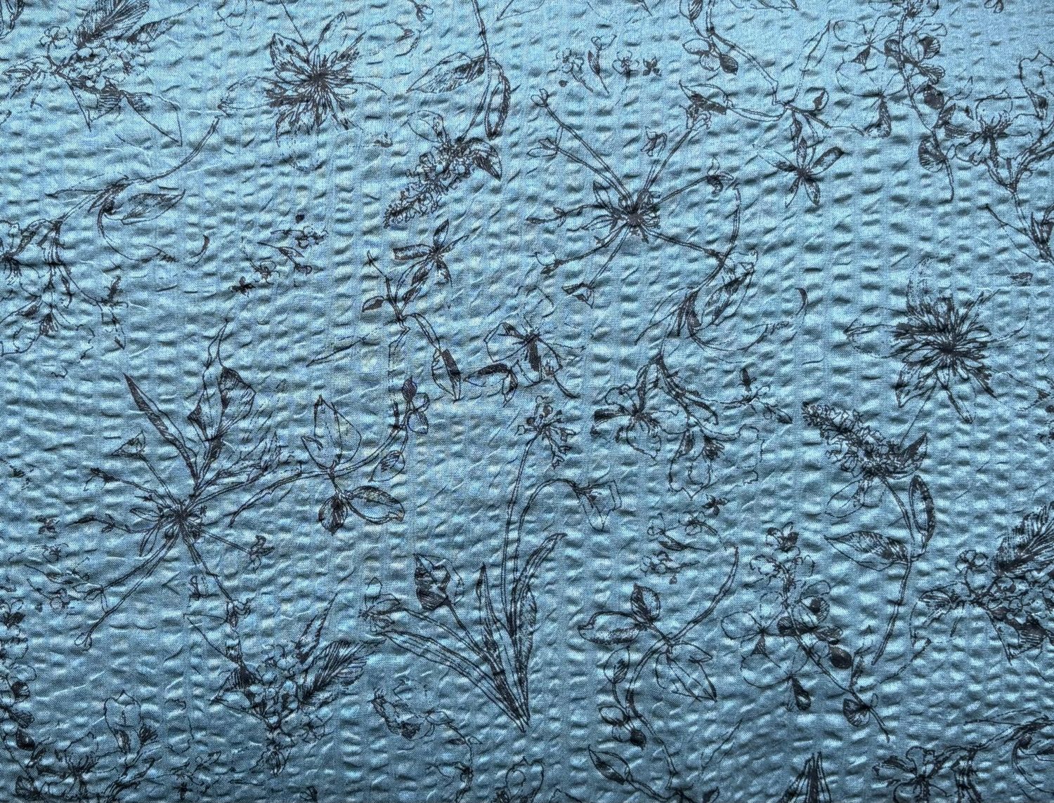 Floral Sketch Print Teal Cotton Seersucker  Hokkoh