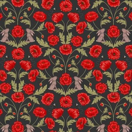 Mirrored Poppies and Hares on Black Cotton Print