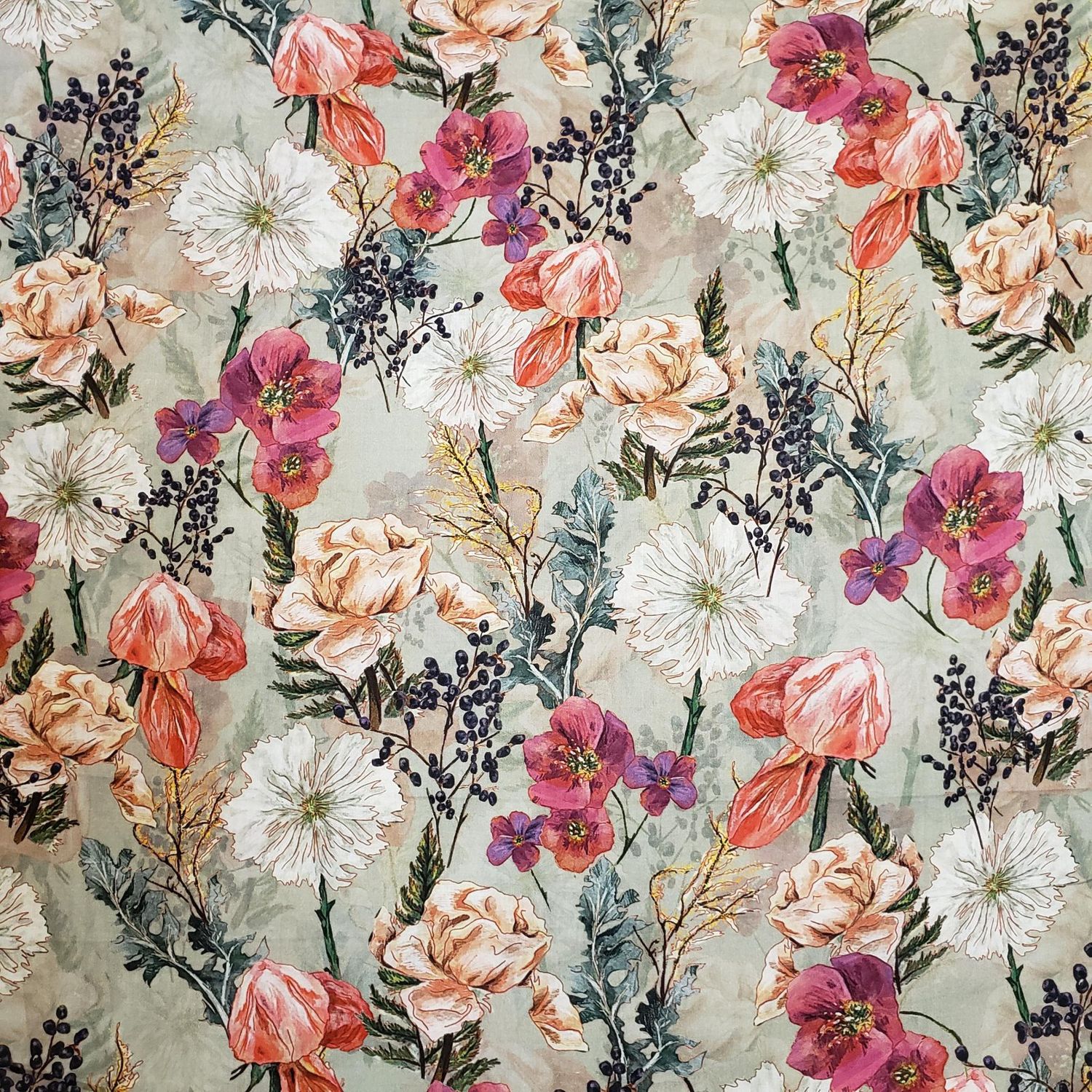 Imported Cotton Lawn - Pink Floral on Light Sage