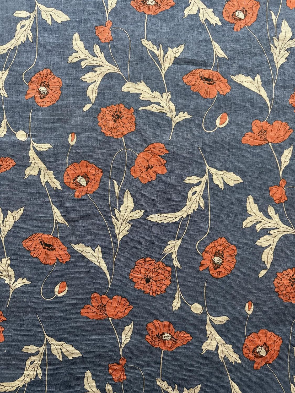 Hokkoh Poppies 100% Linen Sheeting Indigo/Orange