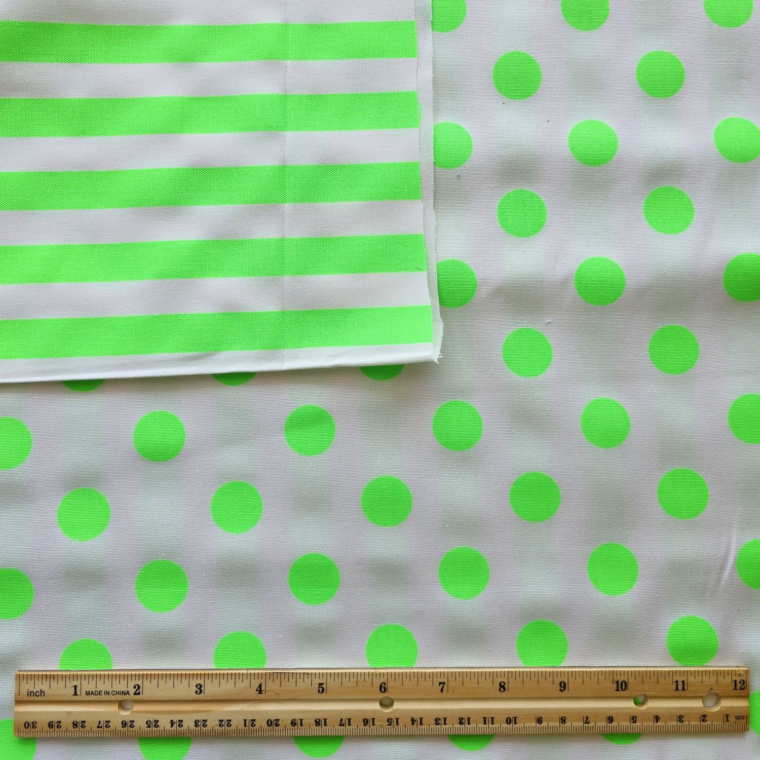 Japanese Cotton Oxford Neon Green Polka Dots and Stripes