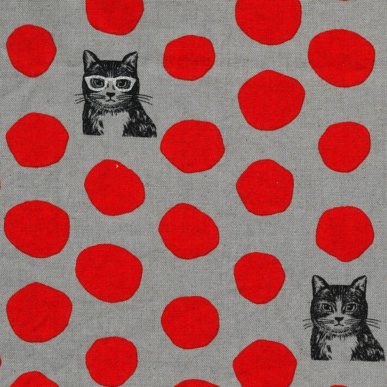 Kokka Etsuko Furuya Nekonoe Echino Red Polka Dot Cat Cotton Linen Lightweight Canvas