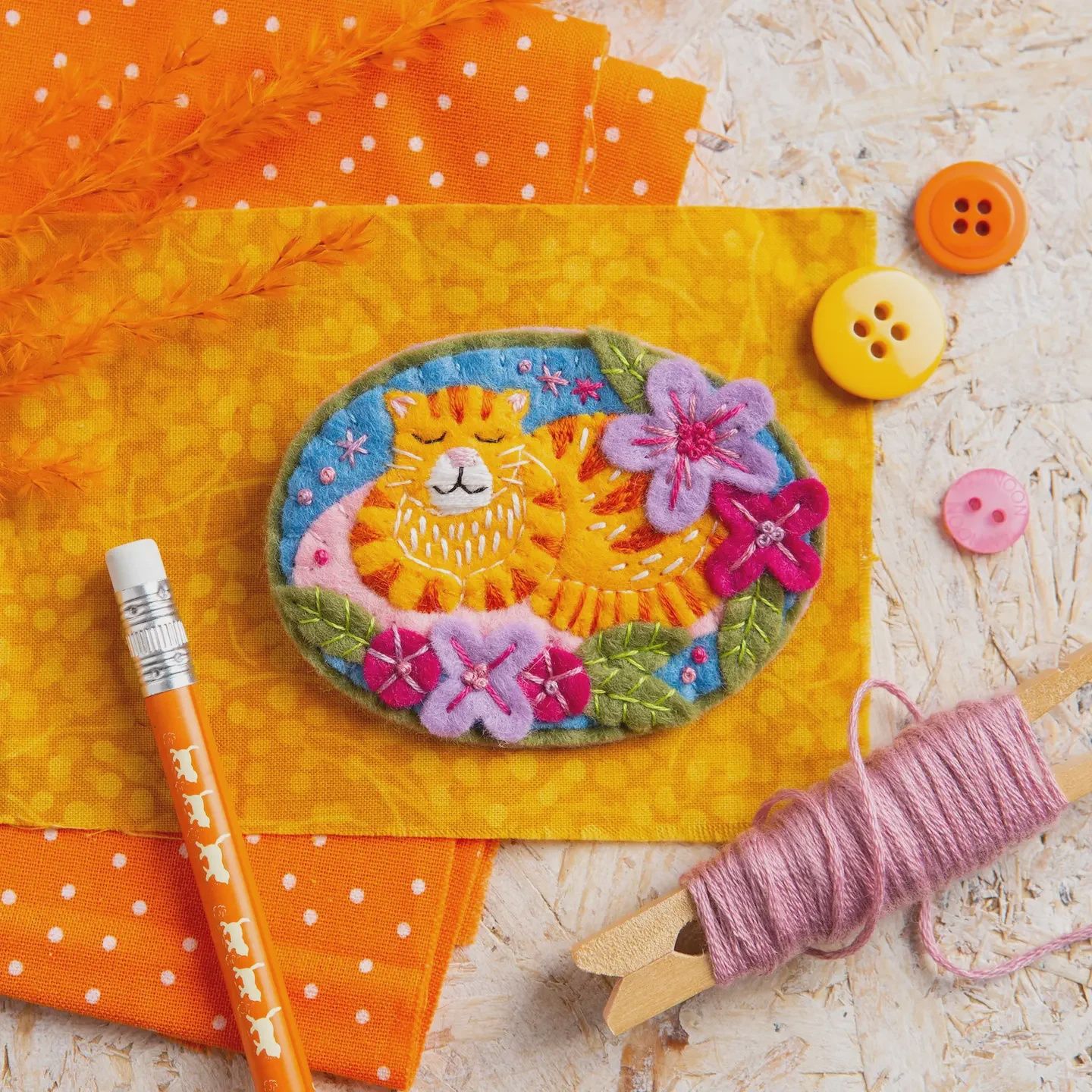 Ginger Cat Brooch Felt Embroidery Kit Hawthorne Handmade