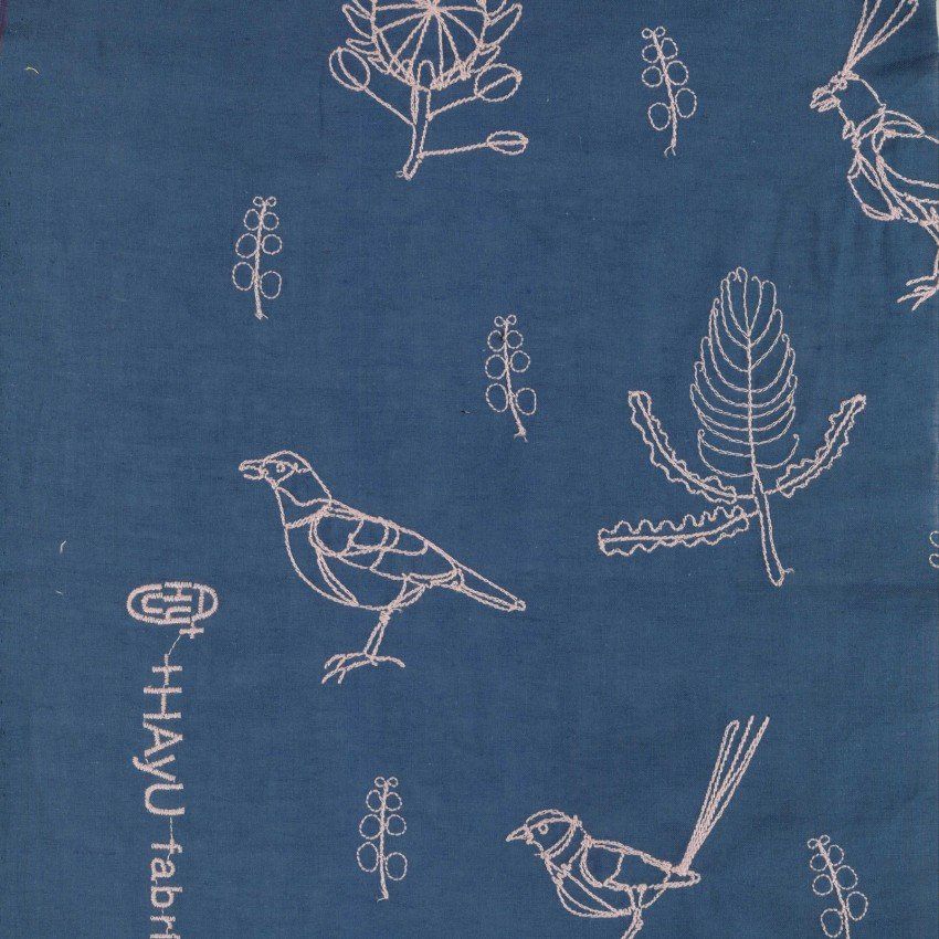 HaYu Embroidered Birds Cotton Linen Double Gauze Blue and Pink