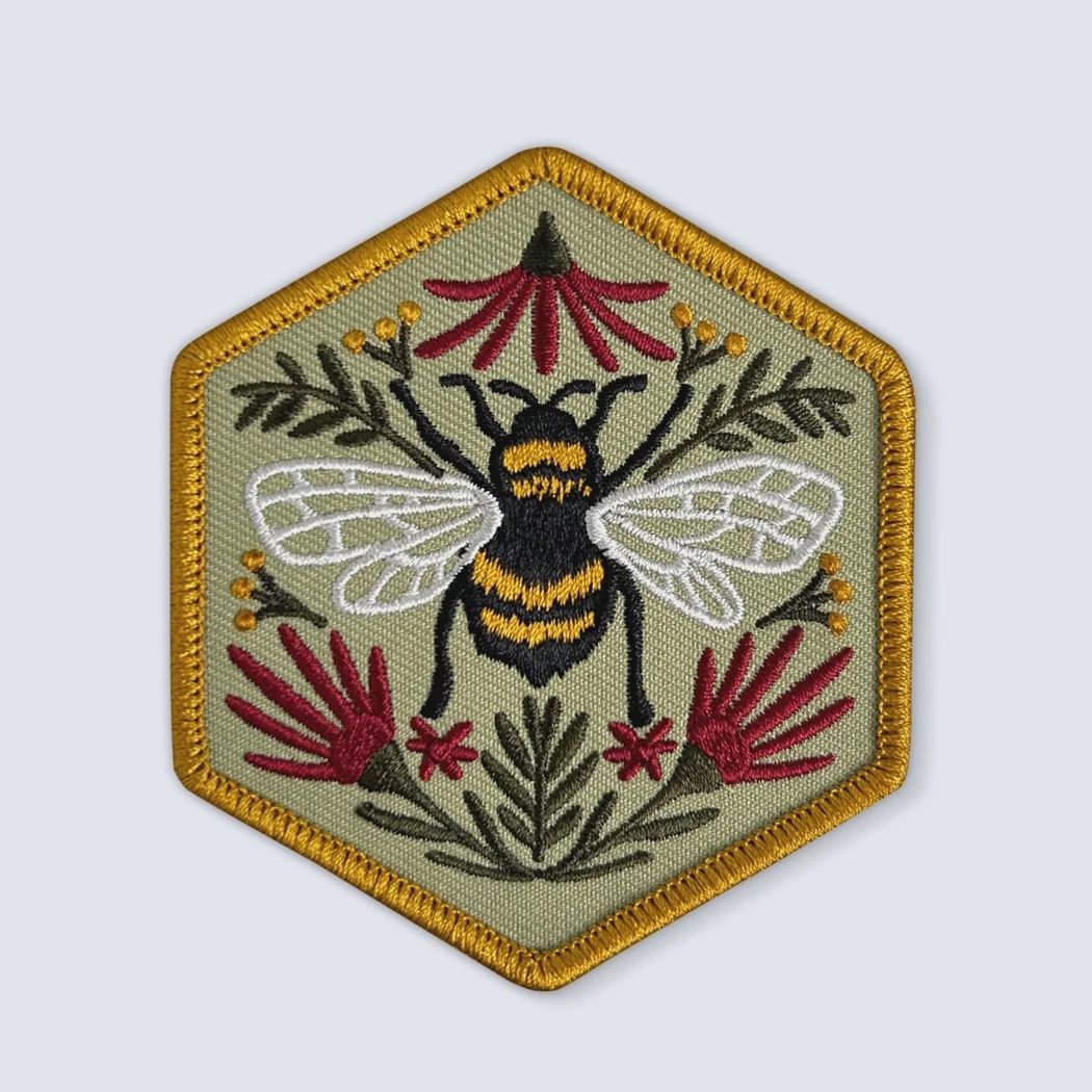 Honey Bee Hexagon Sew On Embroidered Patch Bough &amp; Antler Northwest Goods