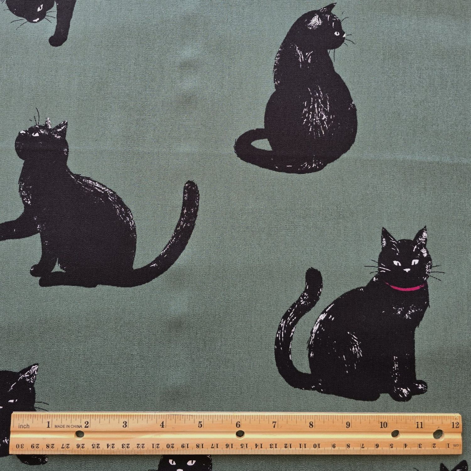 Japanese Cotton Oxford Black Cats on Green