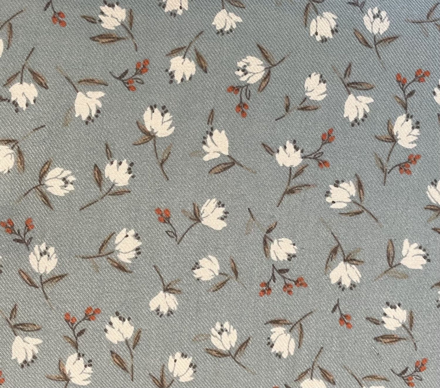 Japanese Imported Brushed Cotton Twill White Flowers on Blue Hokkoh