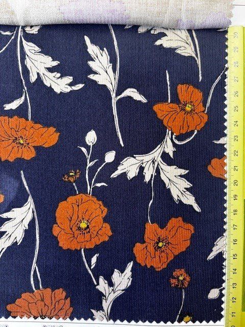 Japanese Imported Fine Wale Corduroy Poppies Navy and Orange Hokkoh