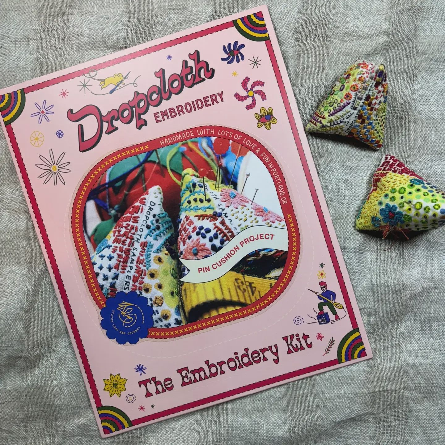 Hand Embroidered Pin Cushion Kit Dropcloth Samplers
