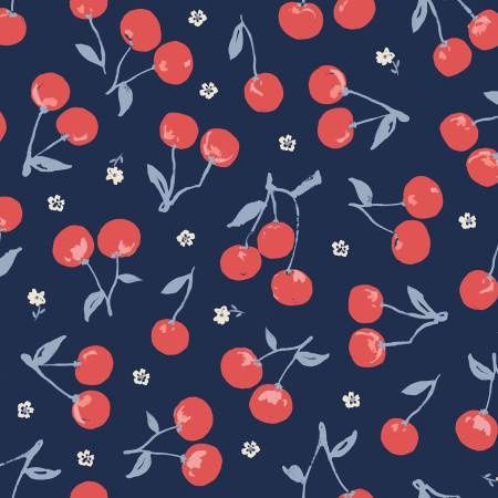 Navy Jubilant Cotton Lawn Organic Cloud9 Cherries on Navy