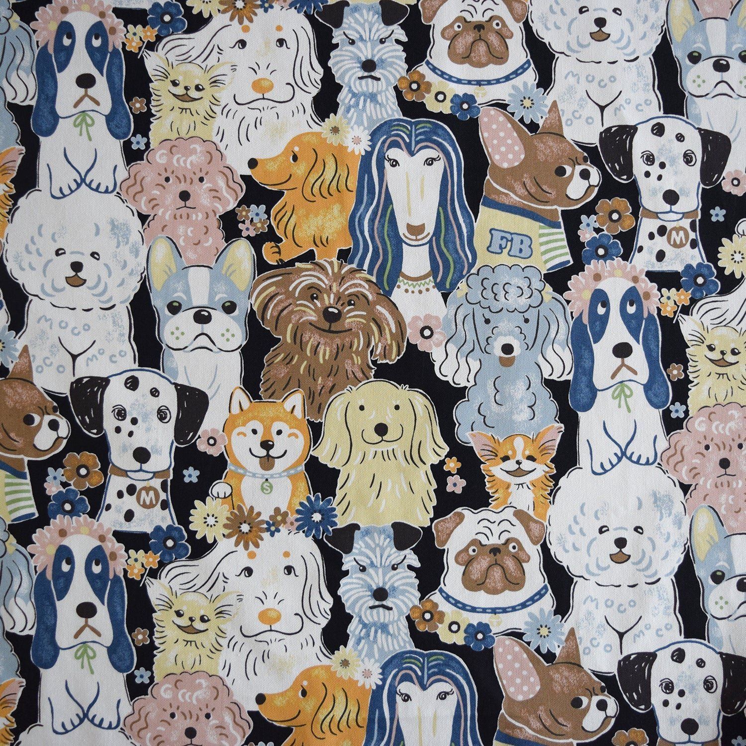 Powerful Animals Dog in Black Retro Cotton Oxford Kokka