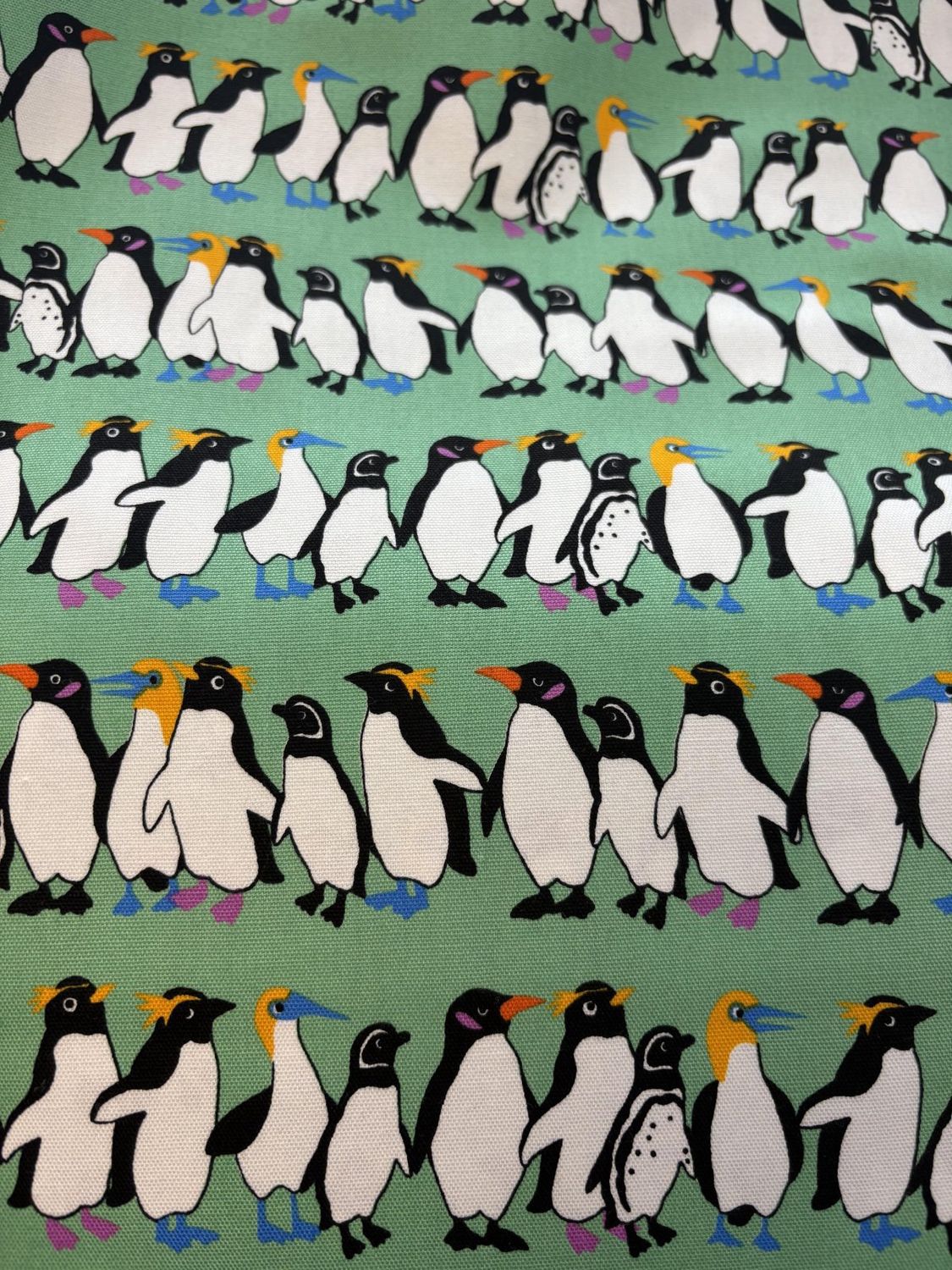 Penguins on Green Japanese Import Printed Cotton Oxford Sevenberry