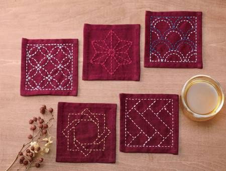Sashiko Tsumugi Sampler Coasters Deep Red