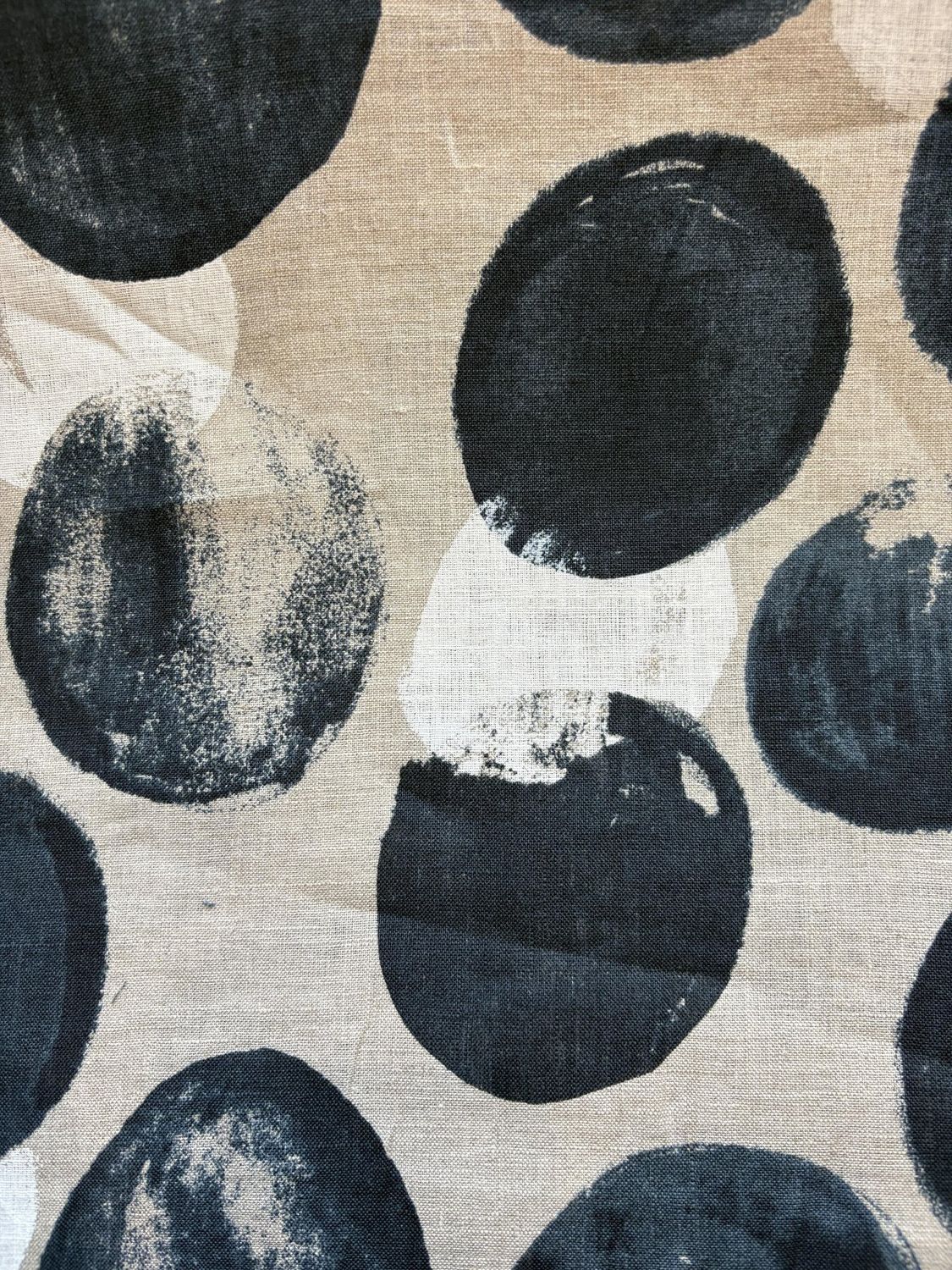 Navy and White Circles Linen Print Natural  Hokkoh