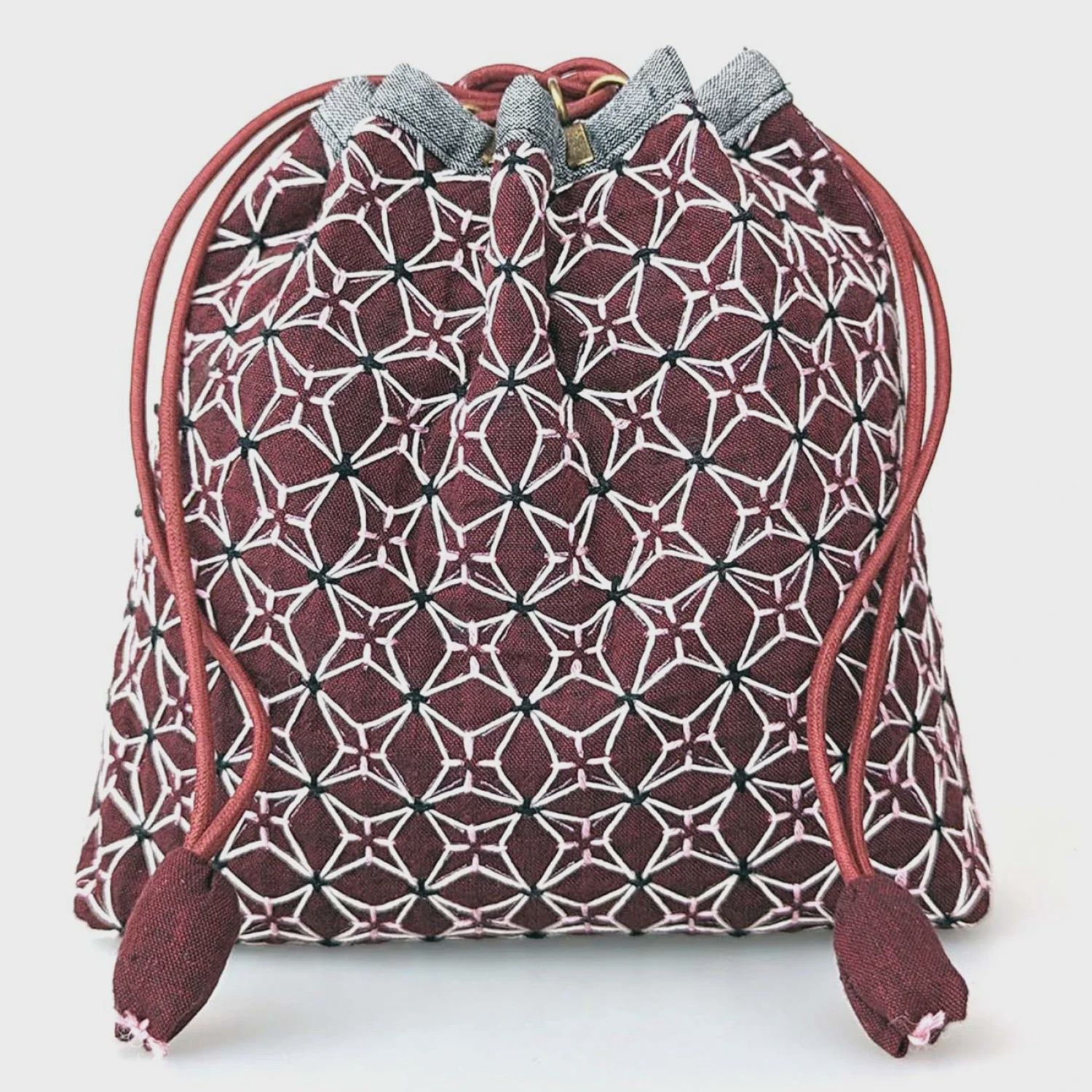 Weaving Sashiko Koki Drawstring Bag Half Kit Burgundy