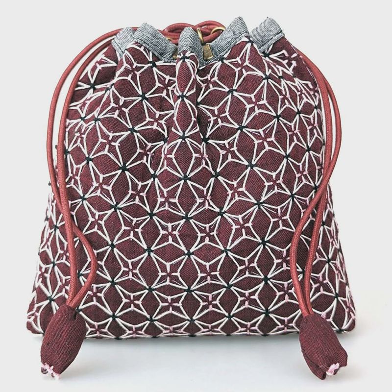 Weaving Sashiko Koki Drawstring Bag Half Kit Burgundy