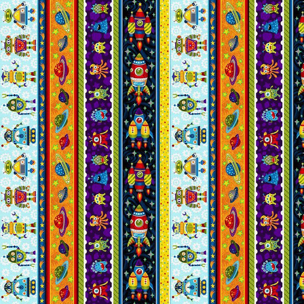 CLEARANCE! Stripes of Robots Planets Monsters and Rockets - Cotton Print