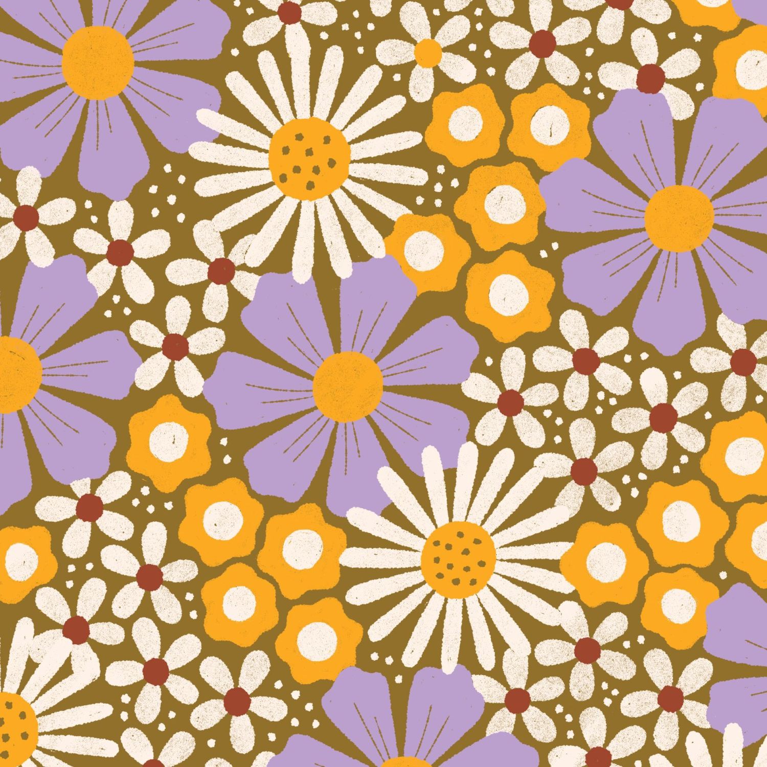 Cosmos in Mustard and Lilac Organic Cotton Print Retro Meadow Cloud9