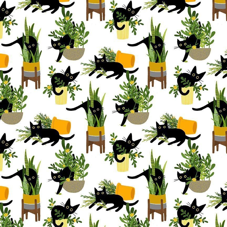 Dear Stella - Just Purrlanted Cotton Print - White