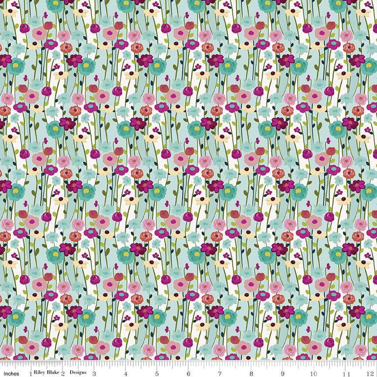 Flowers Aqua Printed Cotton Fragrant Fields Riley Blake Designs