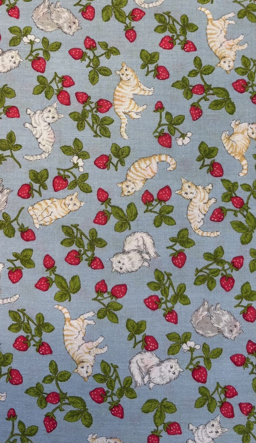 Cats and Strawberries on Blue Japanese Import 100% cotton Sevenberry