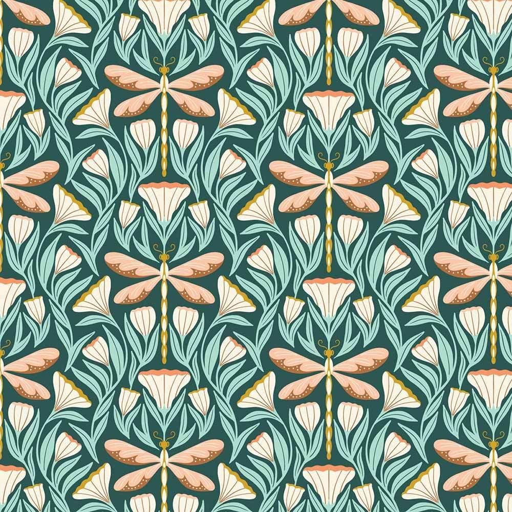 Dragonfly Dreams Teal  Florissima Organic Printed Cotton