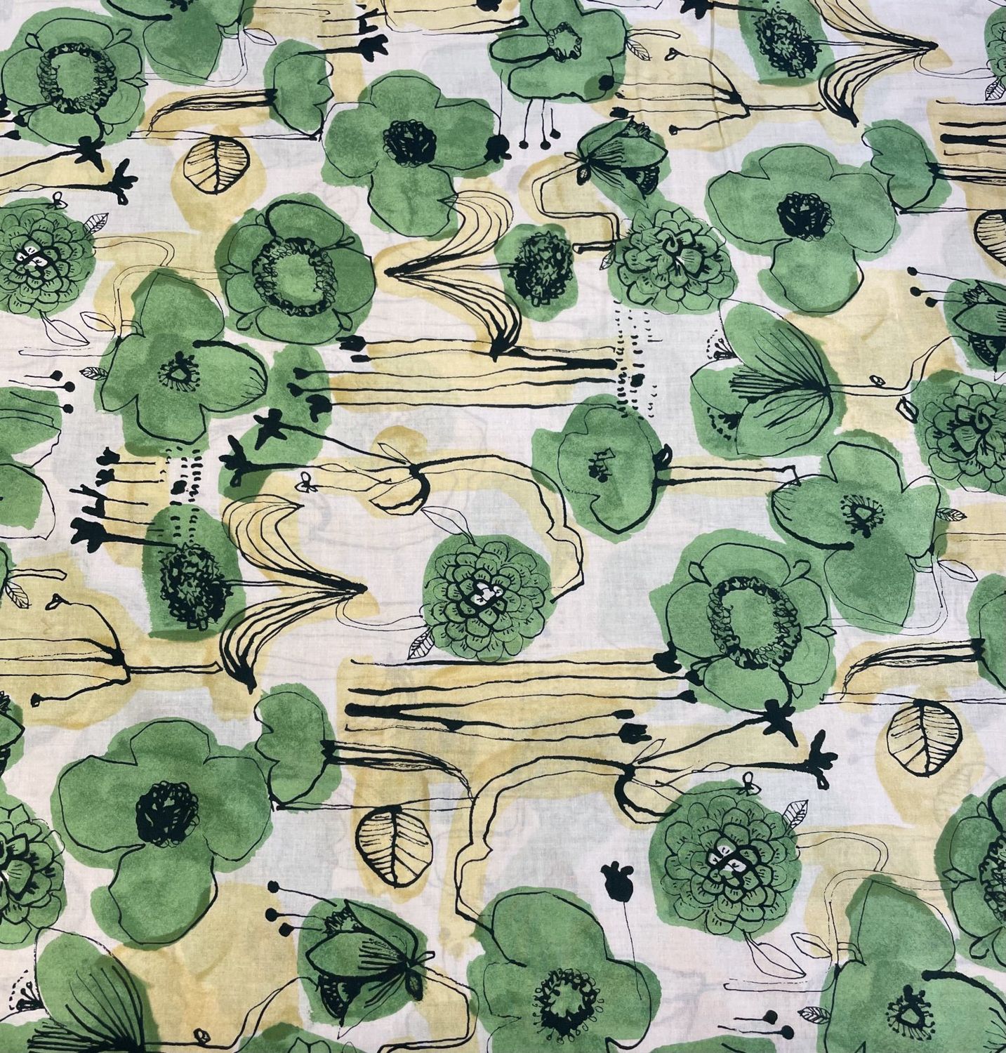 Japanese Printed Cotton Lawn Green and Yellow Watercolor Floral