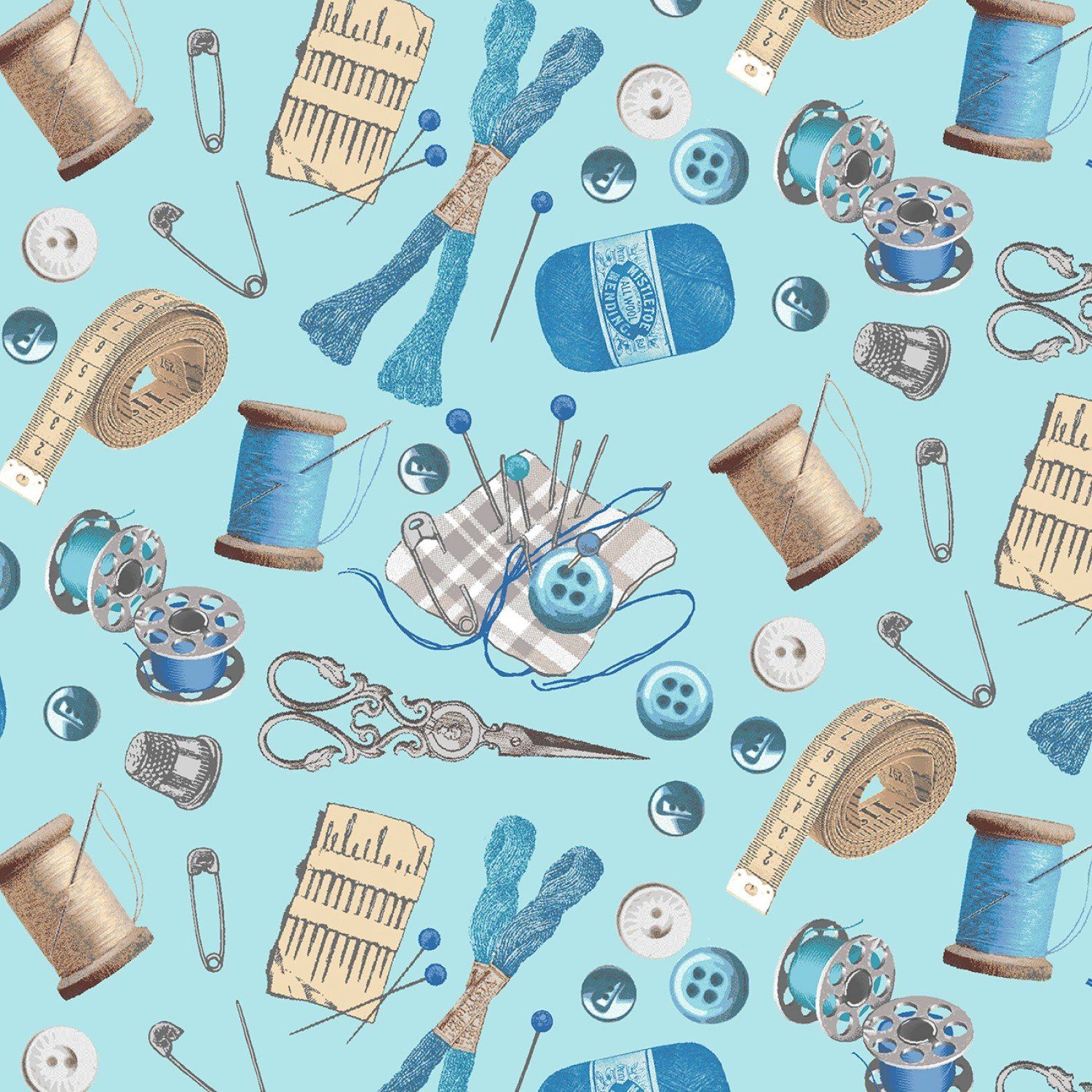 Sewing Essentials Aqua - Cotton Print
