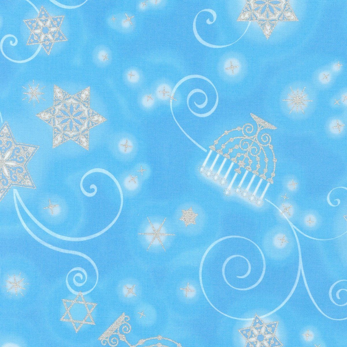 Stars of Light Menorah Scatter Light Blue w/Silver -Cotton Print