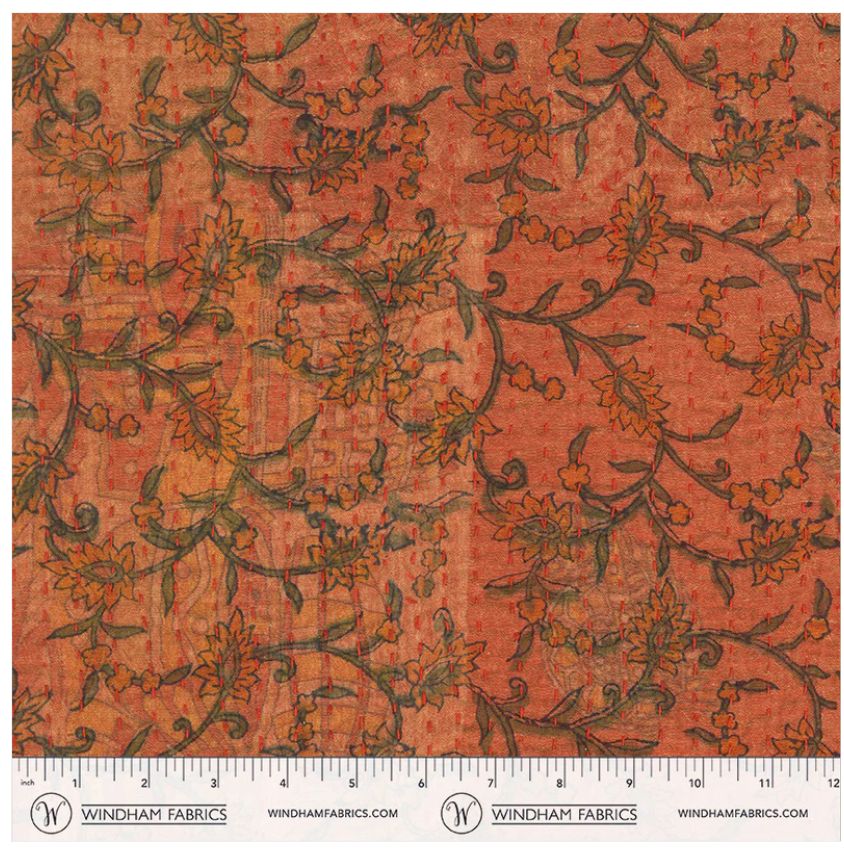 Vine in Persimmon and Cream, Kantha Pre-Quilted Fabric