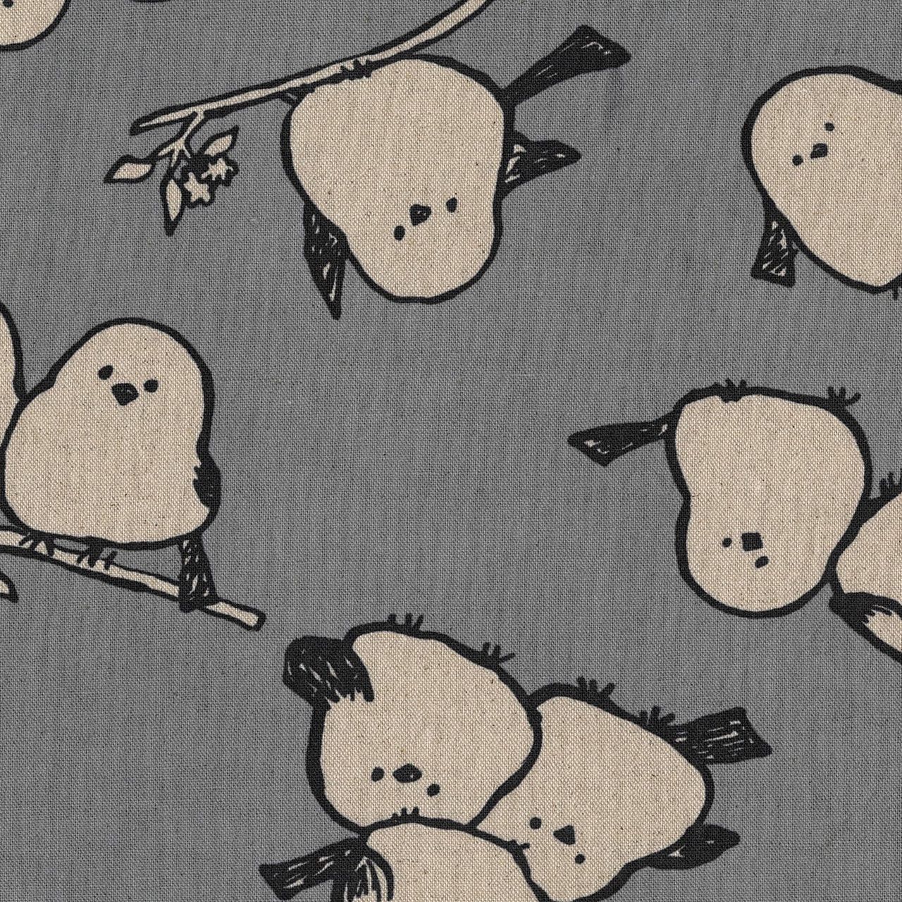 Shima Enga Baby Birds on Blue - Grey, Cotton Linen Sheeting, Kokka, Japanese Import
