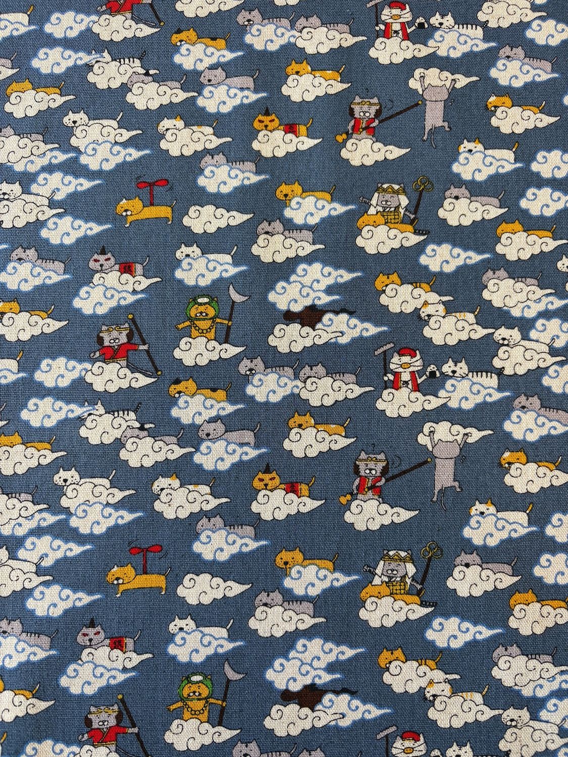Cats on Clouds Blue, Cotton Linen Blend Canvas