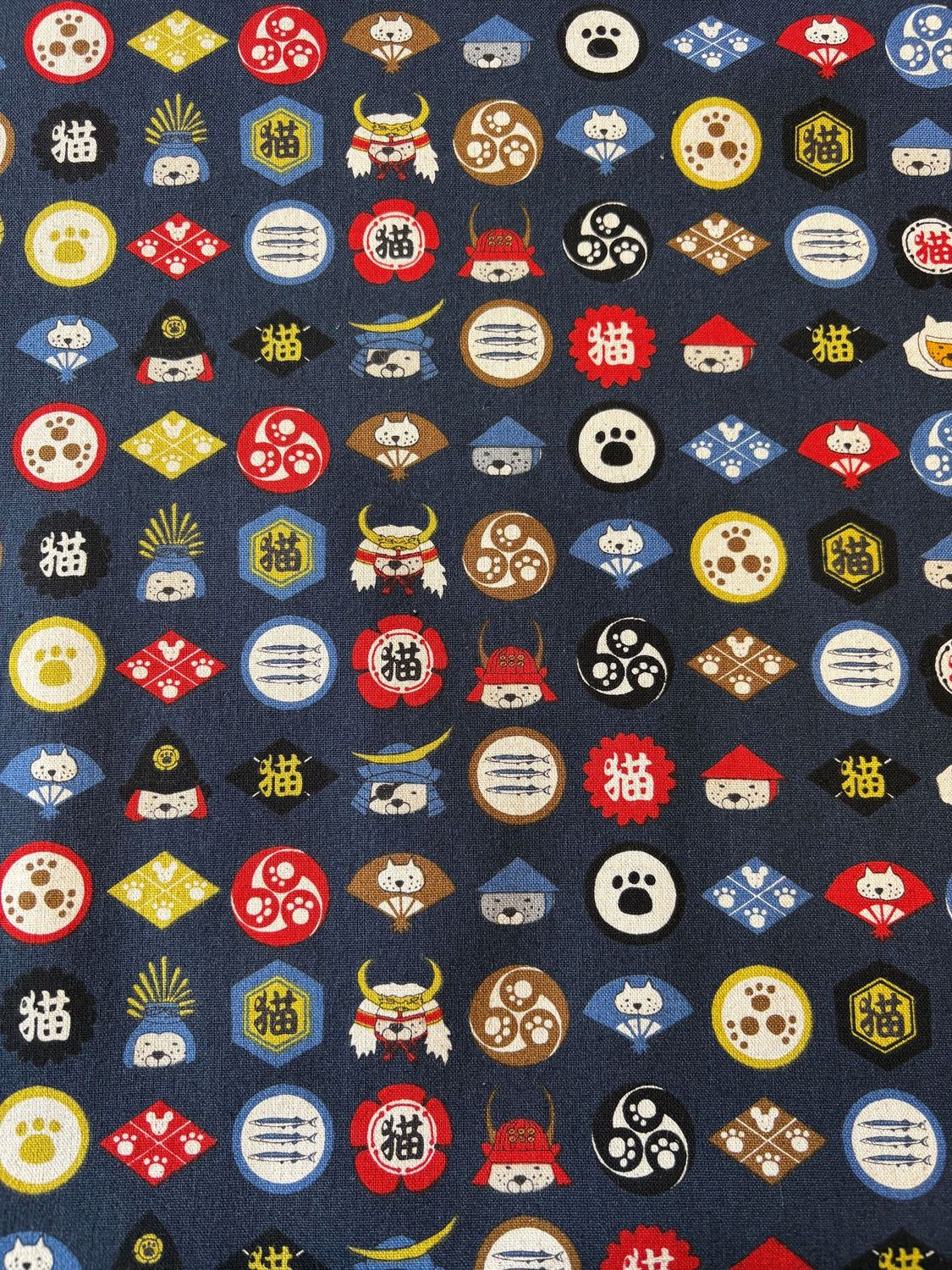 Samurai Dogs on Navy, Cotton Linen Blend Canvas