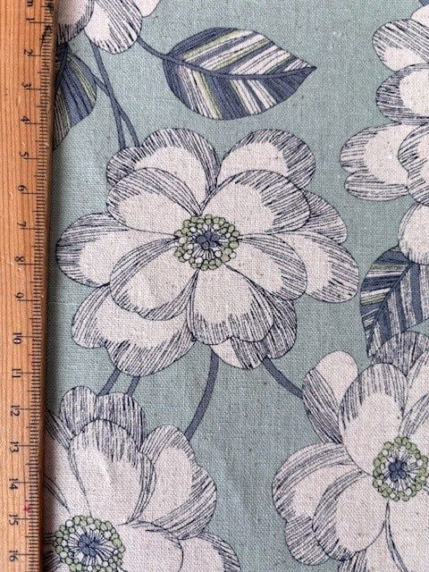 Line Drawing Floral Blue, Cotton Linen Blend Canvas