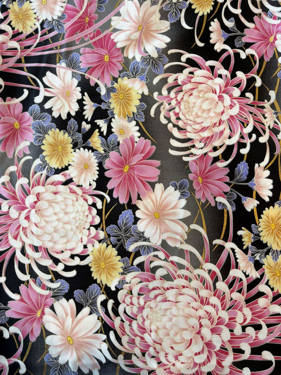 Traditional Chrysanthemum Floral Metallic, Nara Printed Cotton Sateen, Japanese Import