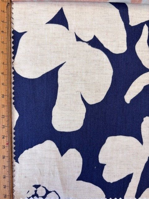 Large Block Style Floral White and Navy, Printed Cotton Linen Blend, Japanese Import