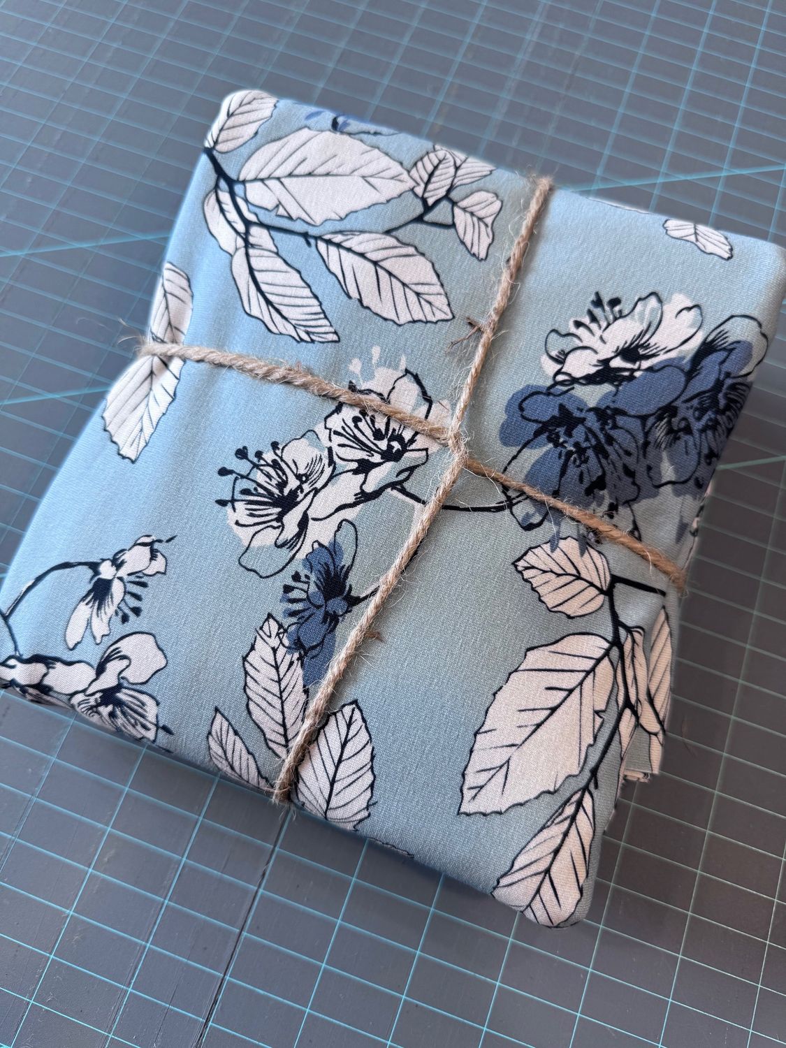 Blue Flowers and Leaves Jersey Knit  - 2 1/8 Yard Remnant