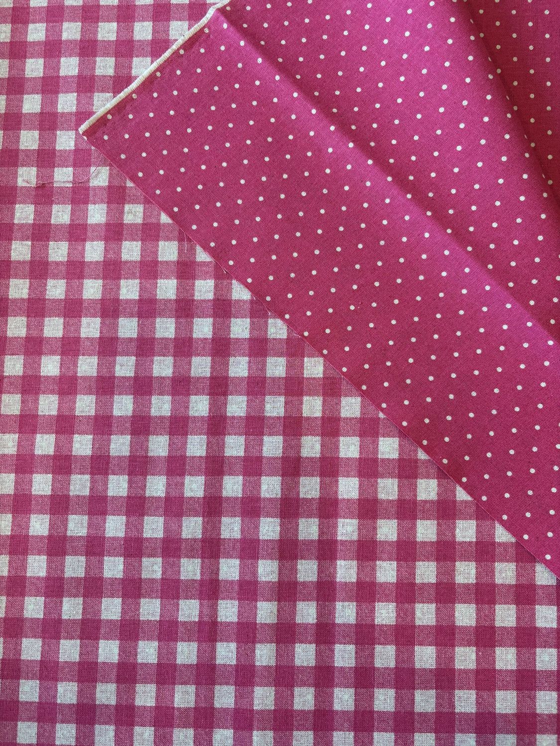 Pink Gingham / Polka Dot, Reversible Cotton Linen Blend Canvas, Japanese Import