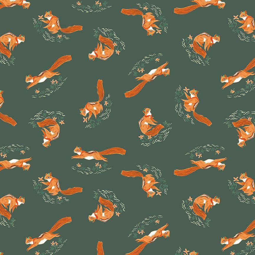 Chipmunks in Emerald Printed Cotton, Camping Crew, Dear Stella